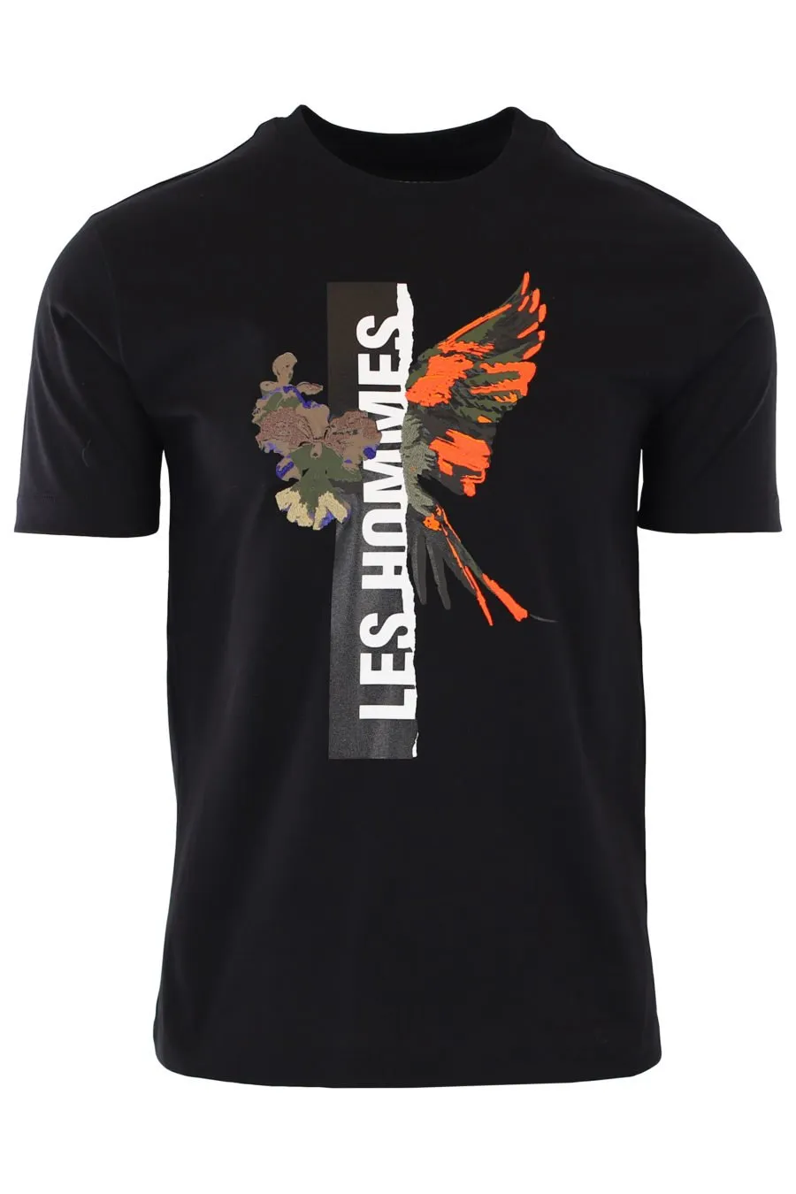 Camiseta negra con estampado bordado naranja  y verde militar