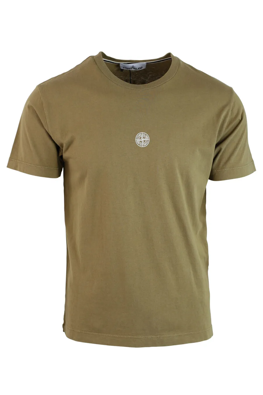 Camiseta verde militar con minilogo centrado y estampado detras