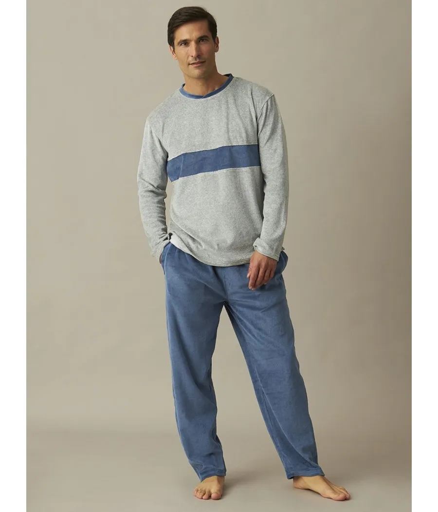 Pijama Homewear hombre invierno J&J Brothers terciopelo gris bolsillos