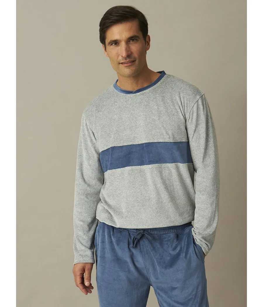 Pijama Homewear hombre invierno J&J Brothers terciopelo gris bolsillos