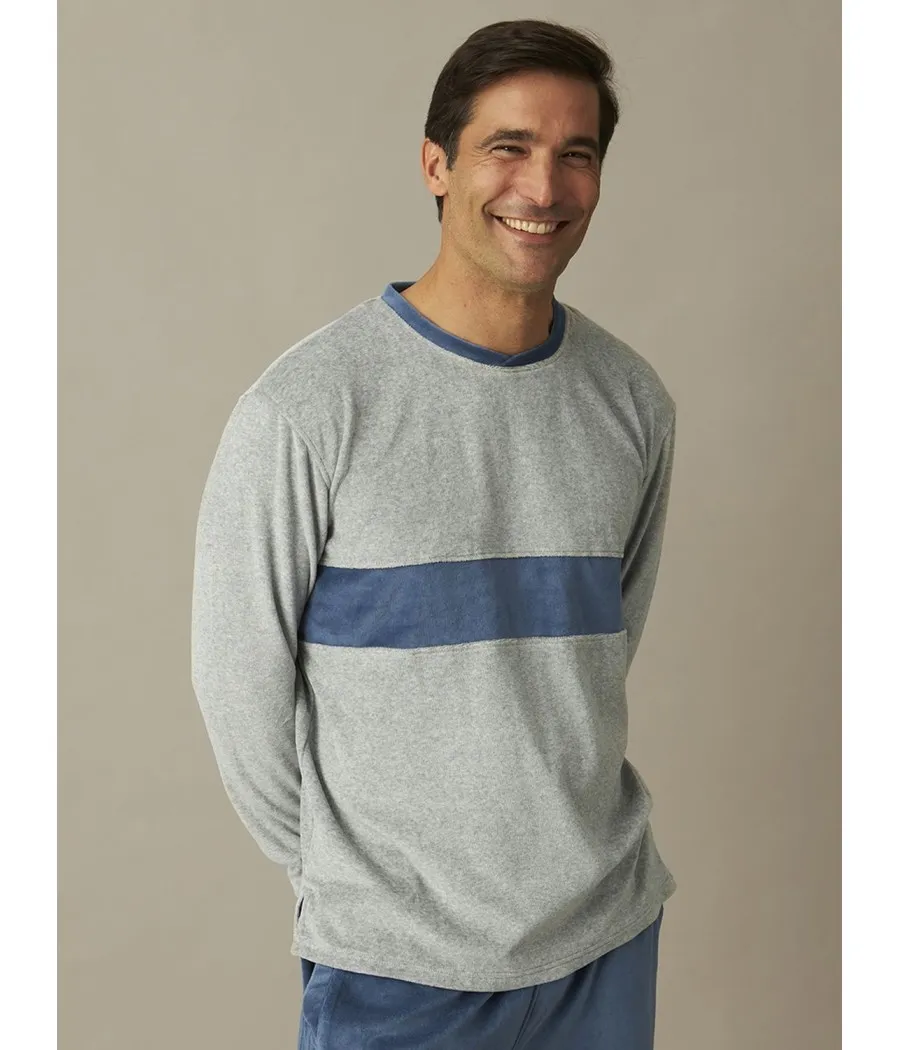 Pijama Homewear hombre invierno J&J Brothers terciopelo gris bolsillos
