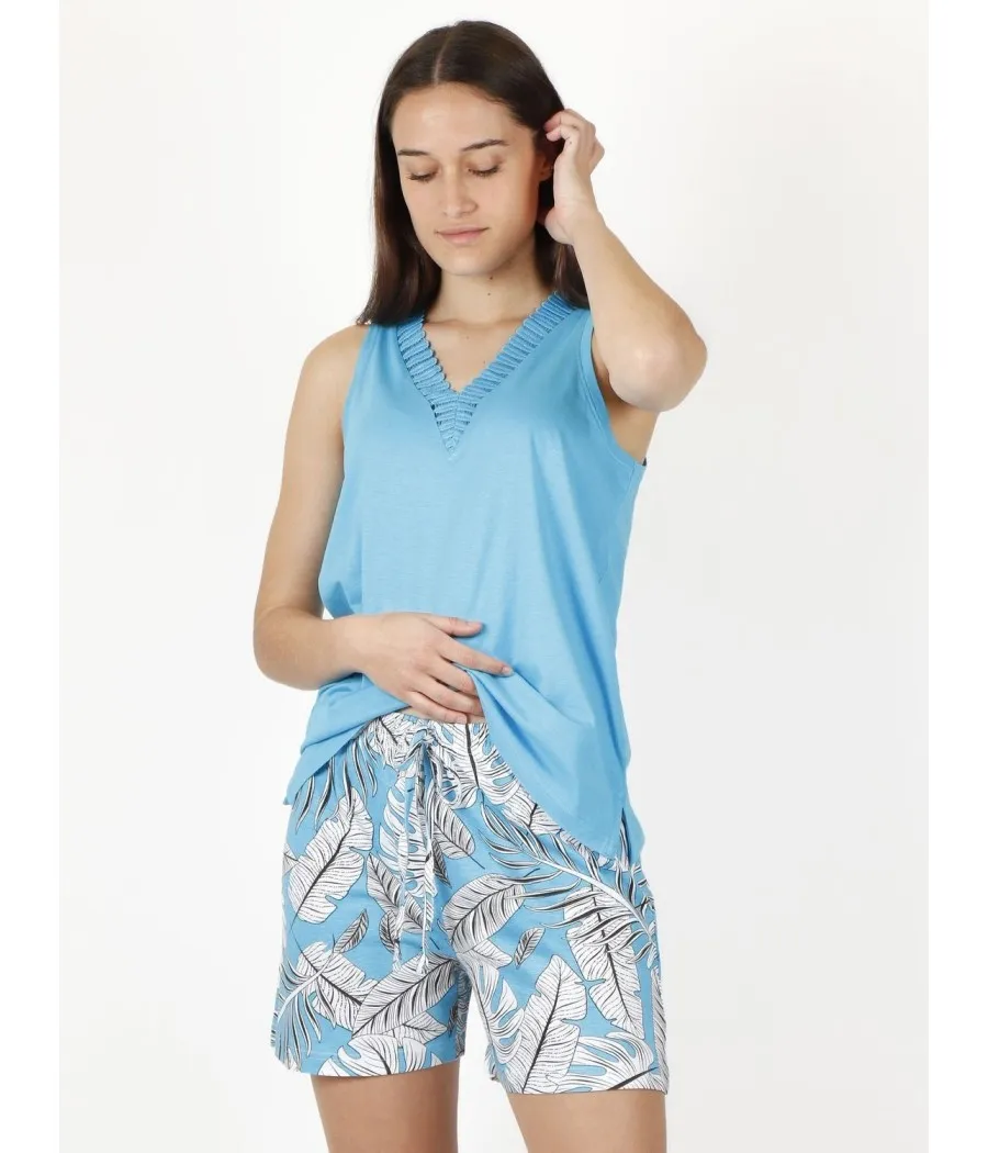 Pijama mujer sin mangas Leaves verano Admas azul viscosa