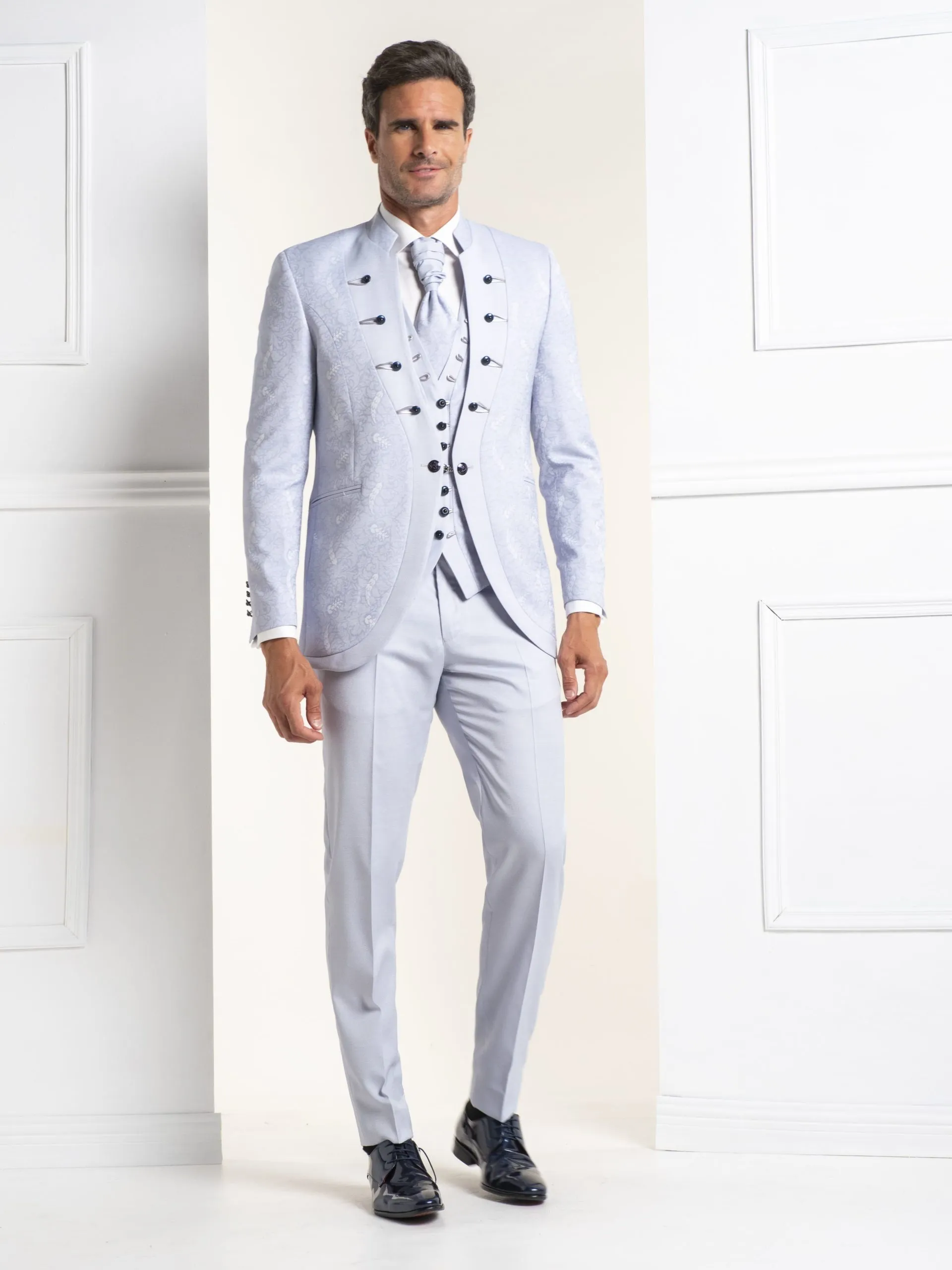 TRAJE CUELLO MAO ESTAMPADO GRIS AZULADO