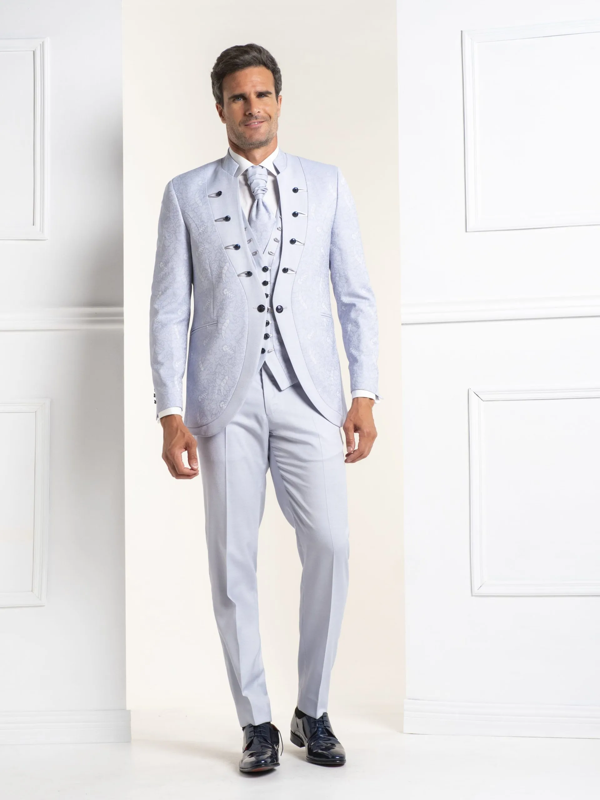 TRAJE CUELLO MAO ESTAMPADO GRIS AZULADO