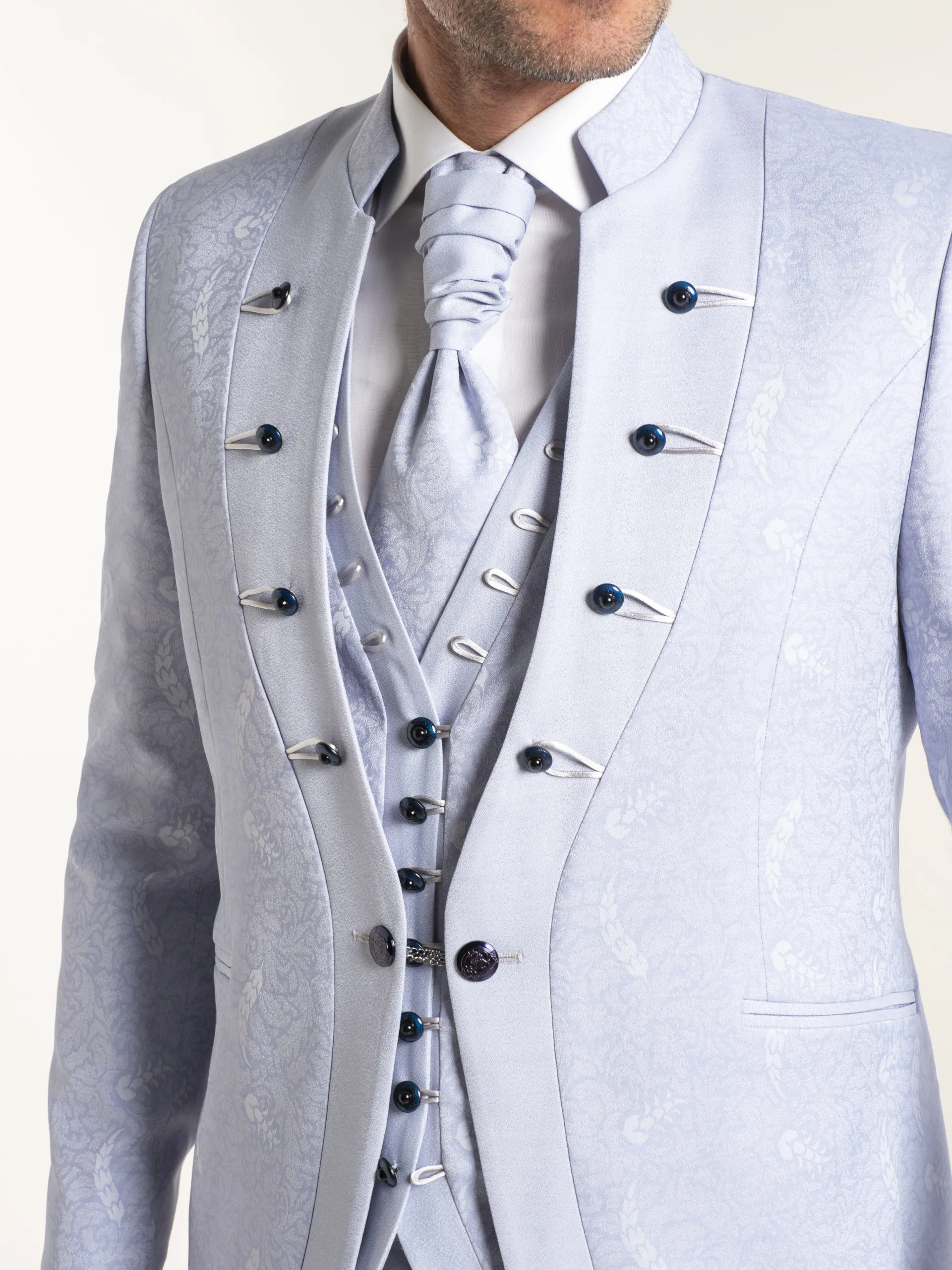 TRAJE CUELLO MAO ESTAMPADO GRIS AZULADO