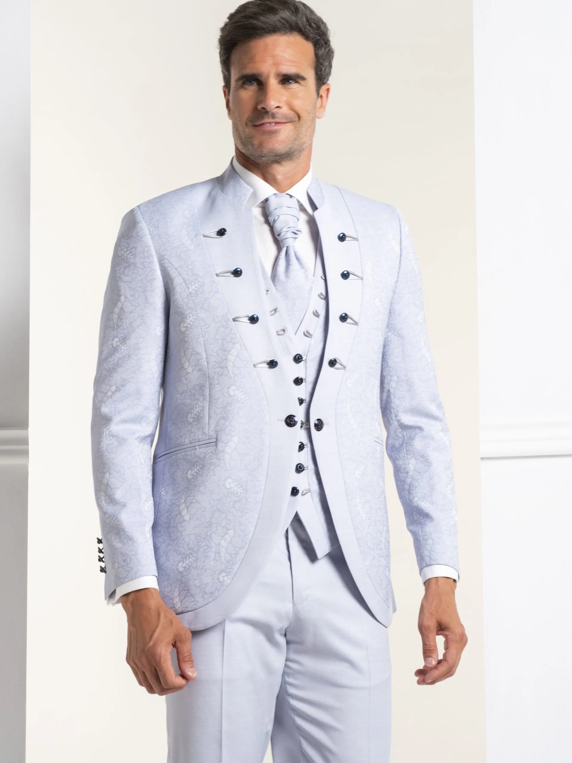 TRAJE CUELLO MAO ESTAMPADO GRIS AZULADO