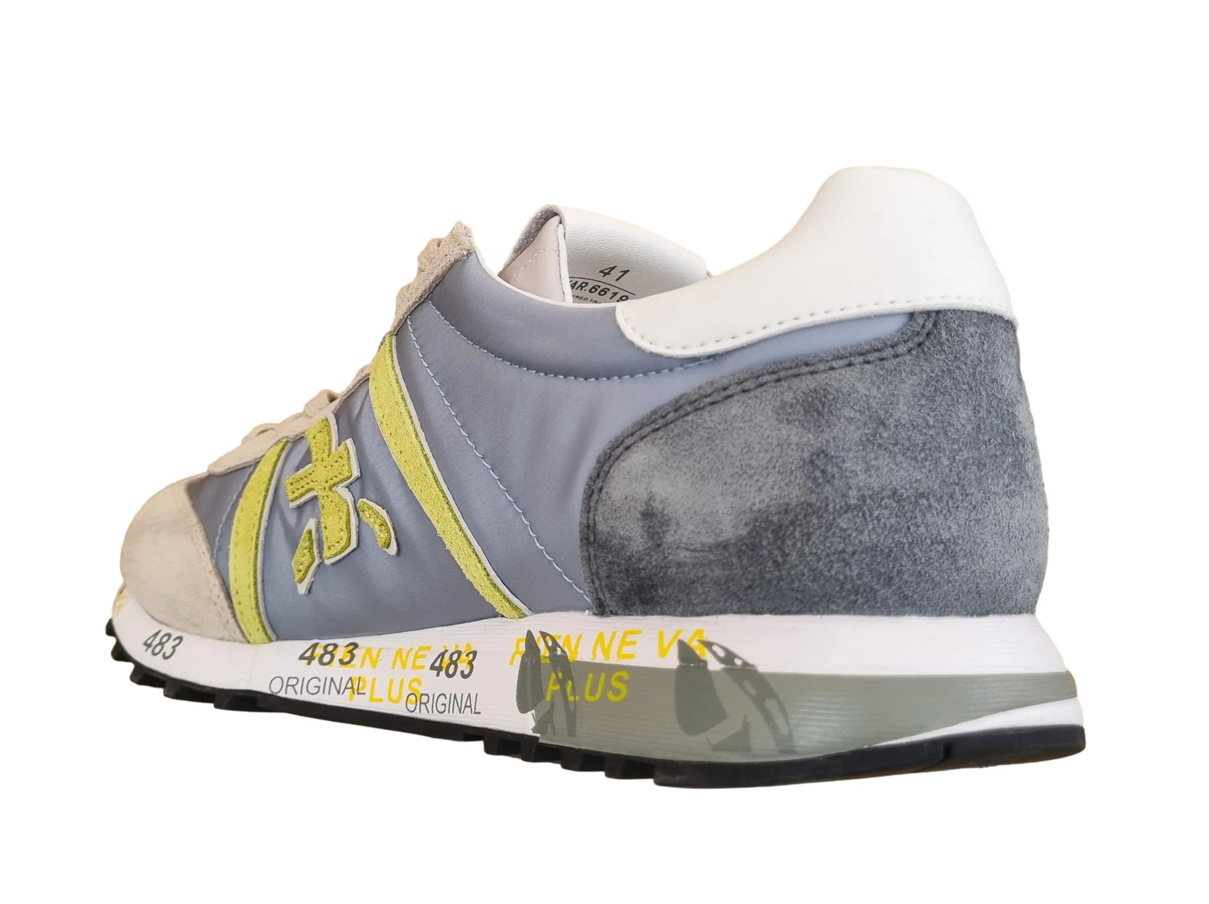 Zapatos de hombre Premiata en nailon vintage LUCY_6619 celeste y gris